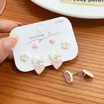 DAIIIBABYYY  -  Charm Pink Heart Flower Bow Round Shape Stud Earrings Set Korean Fashion Women Girls Kpop Y2K Earring Jewelry brincos